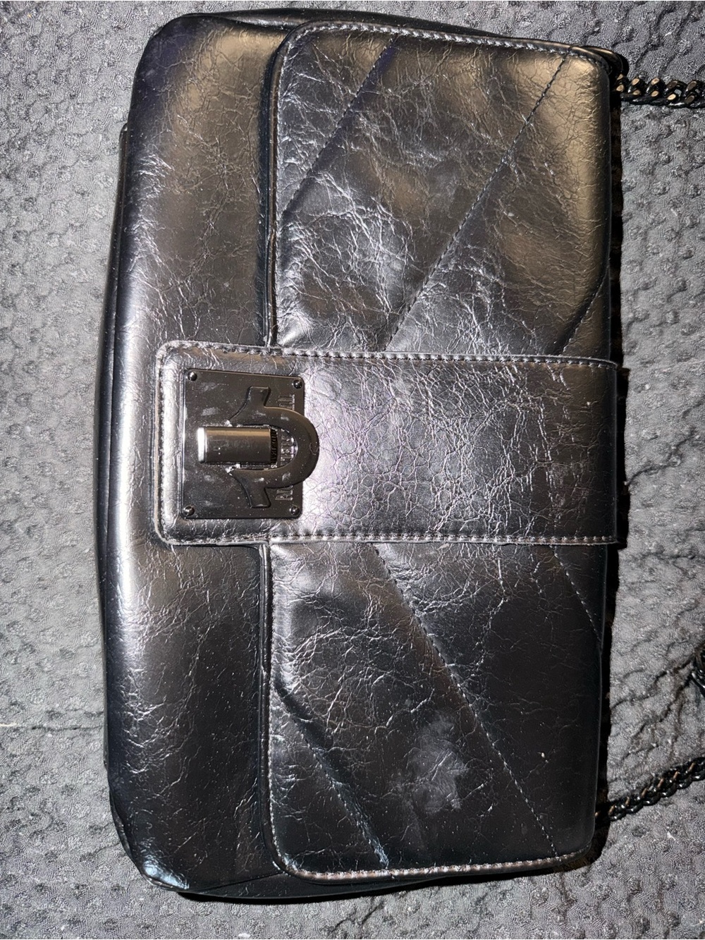 True Religion Black Quilted Leather Shoulder Bag with Chain Strap